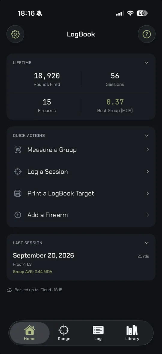 The LogBook home screen, showing 18,920 rounds fired across 56 sessions and 15 firearms, a best group of 0.37 MOA, and shortcuts to measure a group, log a session, print a target or add a firearm.
